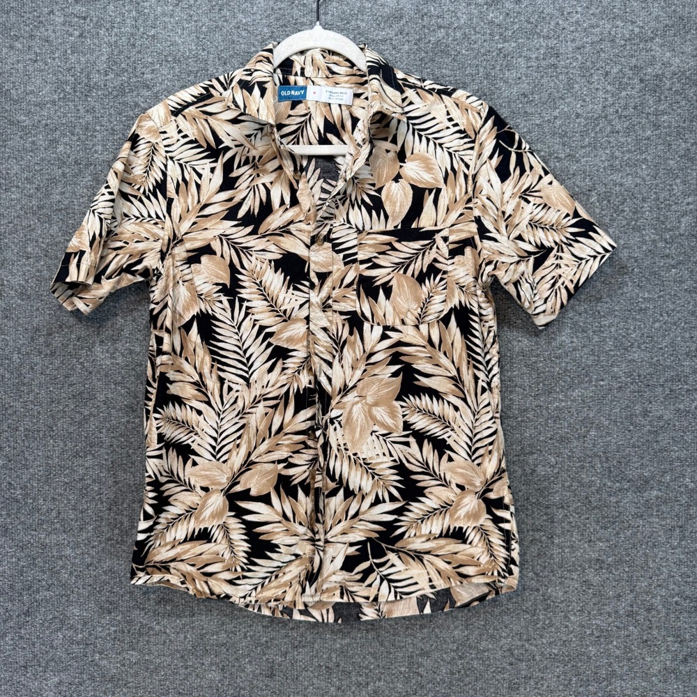 Old Navy‎ Button Up Hawaiian Shirt Mens Small Tan Built-In Flex Tropical Casual